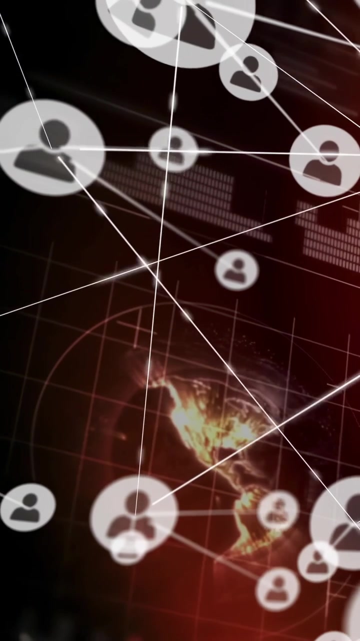 Spazzata diagonale che attraversa l'inquadratura generando icone di profilo, collegando nodi tecnologici per la visualizzazione della rete