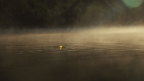 fishing bobber on calm water with morning fog