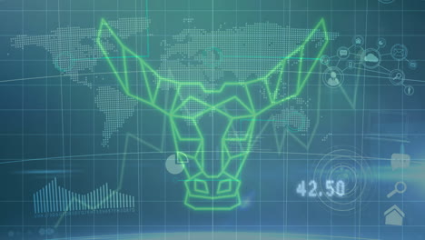 Animación-Holográfica-De-Cabeza-De-Toro-Sobre-Mapa-Mundial-Y-Gráficos-De-Datos-Financieros