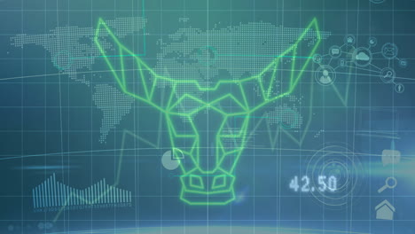 animación de holograma de cabeza de toro sobre mapa del mundo y gráficos de datos financieros