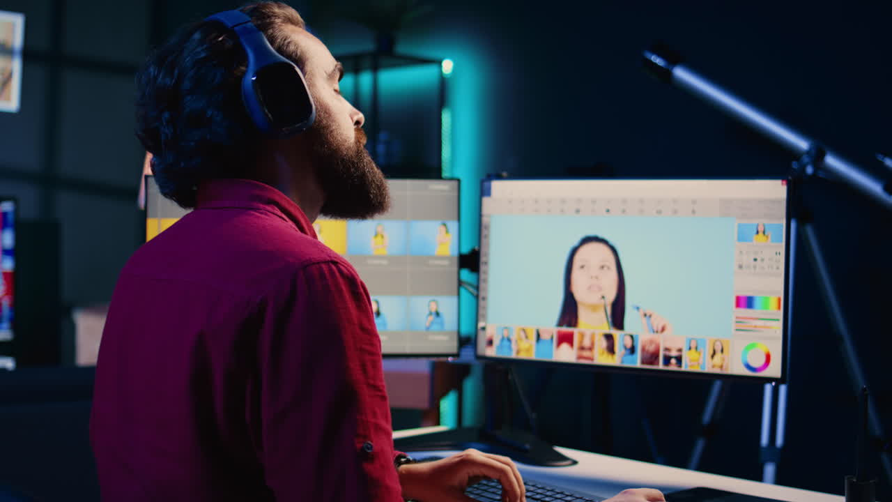 Photo editor selecting best photographs while listening music in headphones