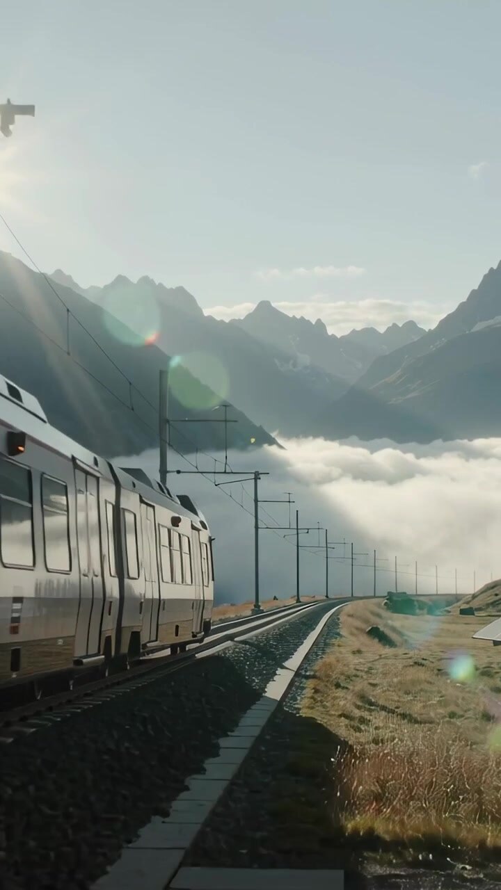 Vertical video: Entering left silver train passing under stone arch, catching sun over valley fog