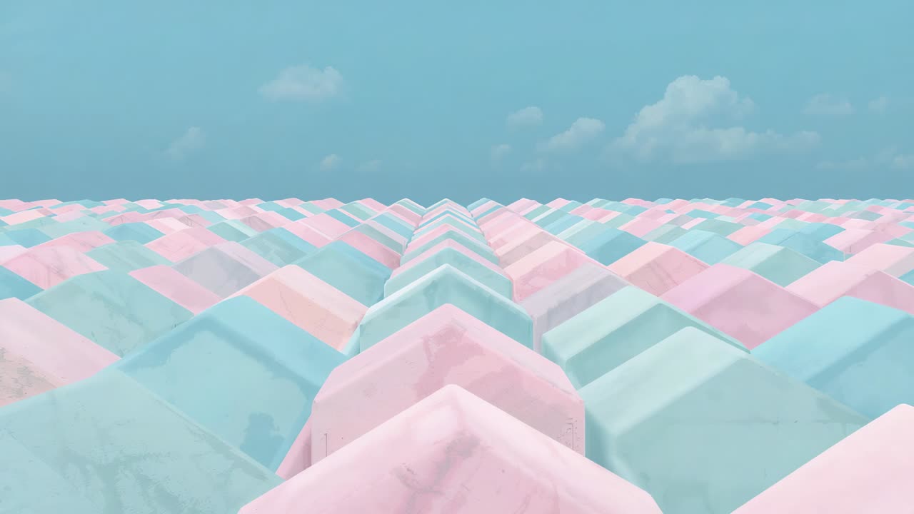 Movendo a câmera sobre blocos rosa-azul pastel com picos em cena estilizada em direção ao horizonte, textura de mármore