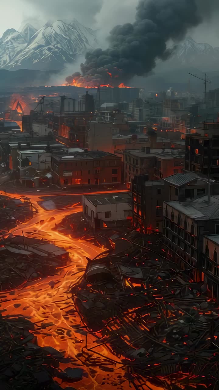 Vertical video: Erupting lava flow advancing through city ruins, consuming debris near factory