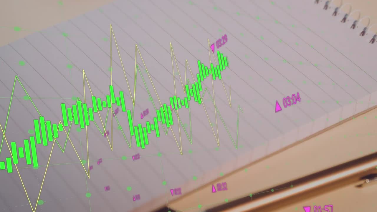 여러 그래프의 애니메이션과 테이블에 노트북 에 펜을 통해 거래 보드