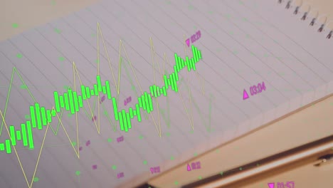 Animation-of-multiple-graphs-and-trading-board-over-pen-beside-notebook-on-desk