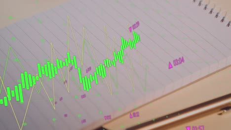 animation of multiple graphs and trading board over pen beside notebook on desk