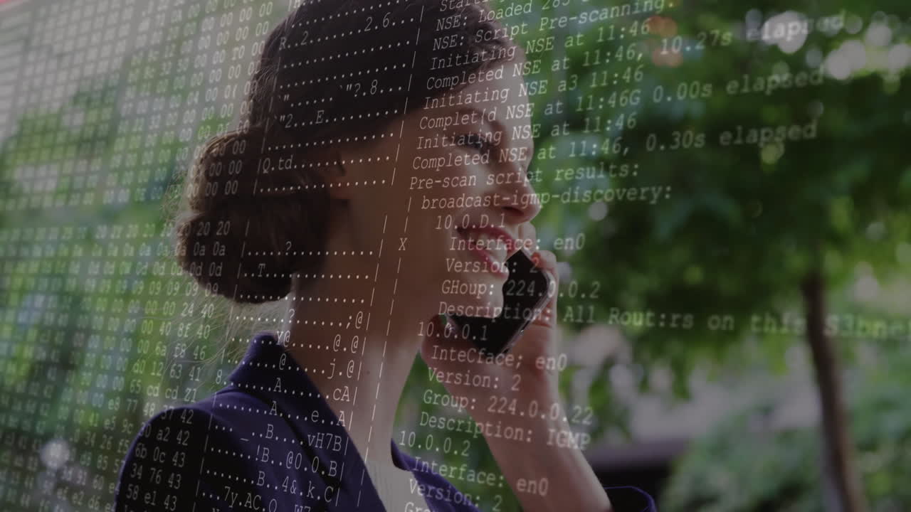 Businesswoman speaking on smartphone outdoors showing tech code overlay gliding over foliage