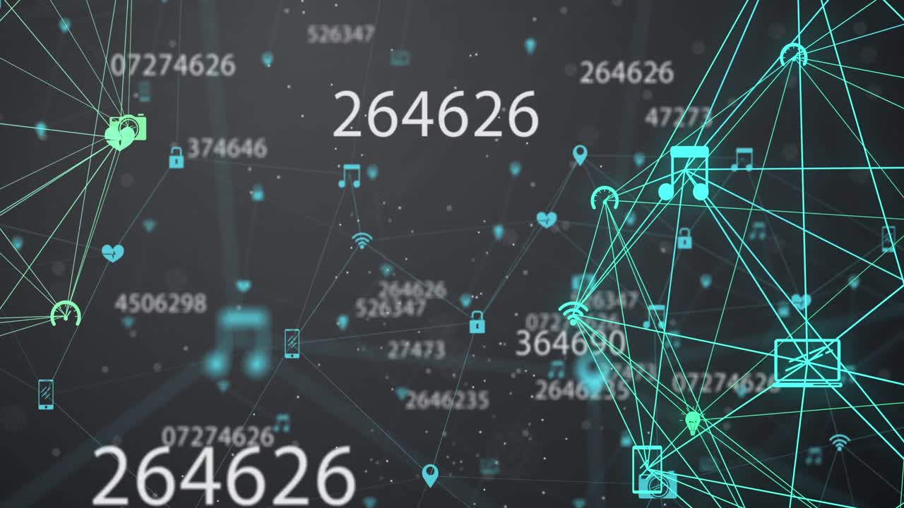 Multiple numbers changing against network of connections on black background