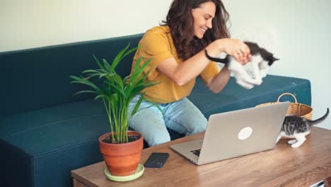 una mujer joven trabajando en una computadora portátil mientras dos gatitos corren alrededor de la mesa