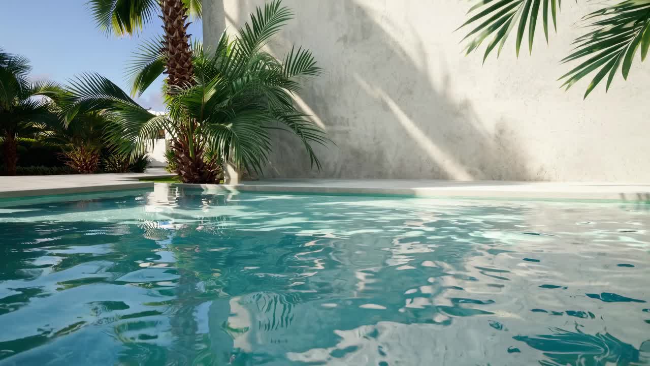 Low-angle video capturing a serene poolside scene with palm trees and sunlight reflections