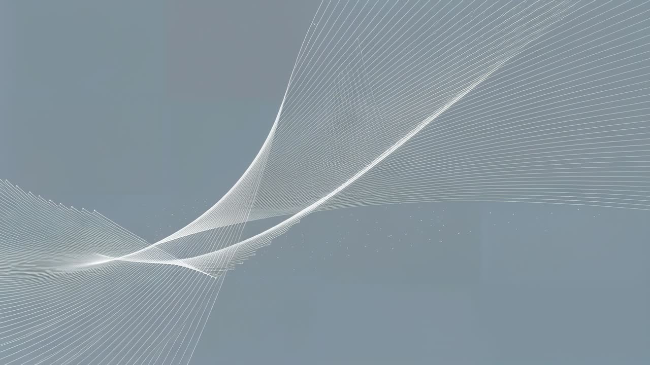 Sweeping mesh ribbon moving over muted blue-gray after arc to show change, trailing specks morphing
