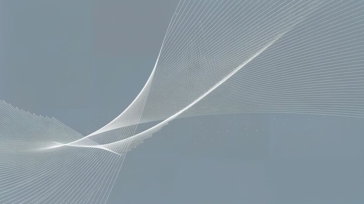 Sweeping mesh ribbon moving over muted blue-gray after arc to show change, trailing specks morphing
