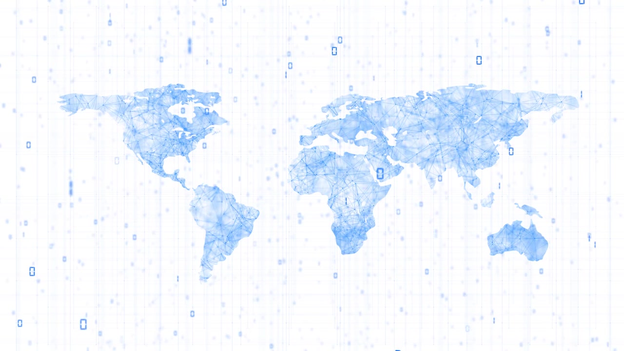Pale blue world data map visual on a clean white digital field with subtle code marks and connected