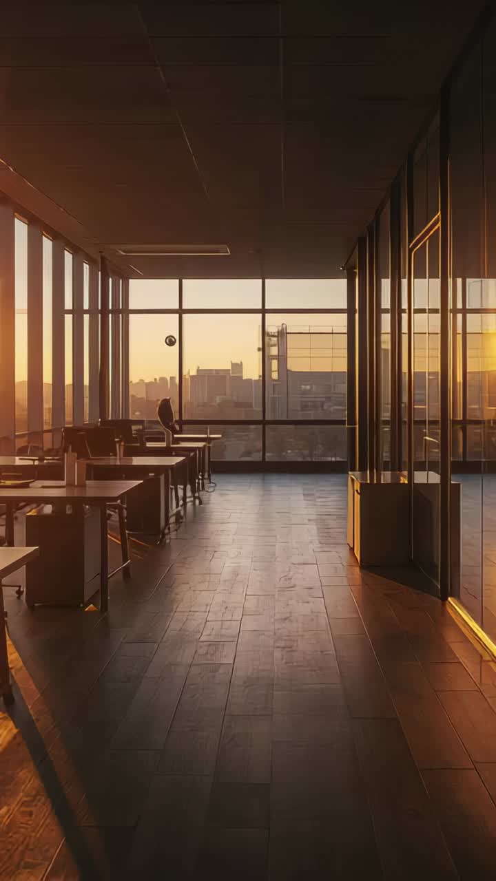 Vertical video: Moving camera showing empty office path at golden hour, light shifting over windows