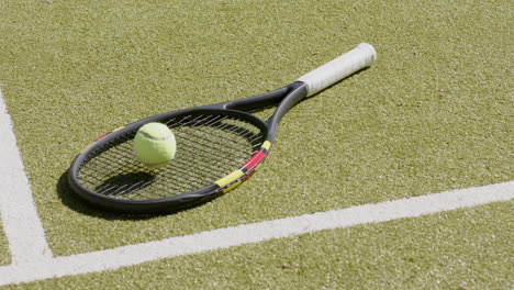 tennis racket and tennis ball lying at tennis court on sunny day