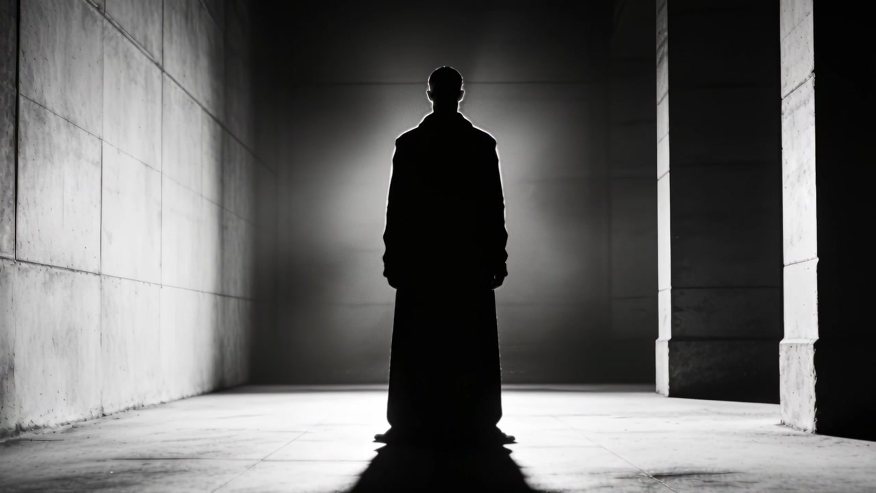 Standing man in long coat still in concrete hall backlight illuminating halo and shadow for drama