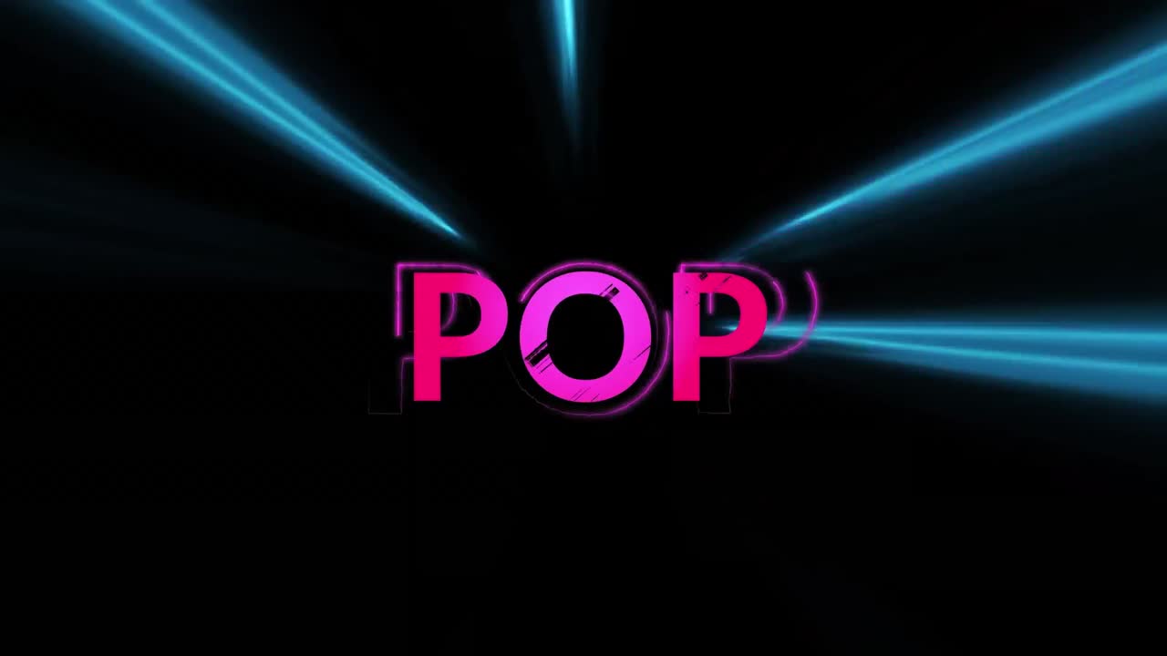 Animation of pop text over neon light trails on black background