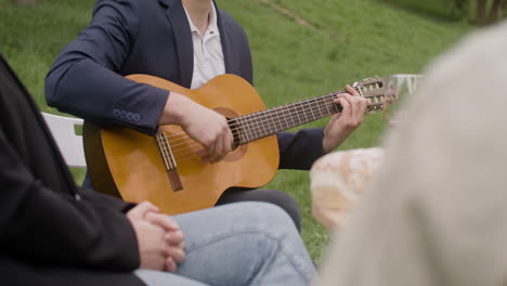 uomo irriconoscibile che suona una chitarra seduto a tavola con i suoi amici durante una festa all'aperto nel parco