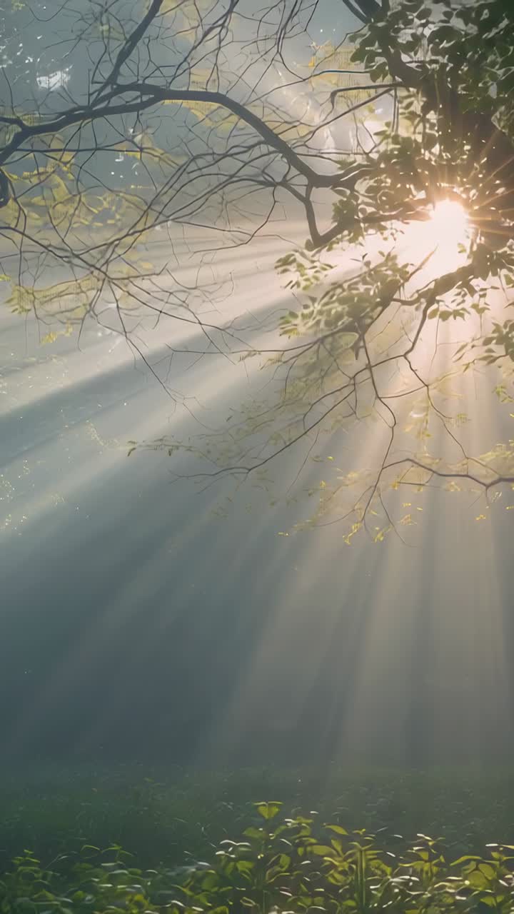 Vídeo vertical: sol se movendo atrás de galhos de copa causando feixes de luz que varrem a clareira enevoada, neblina
