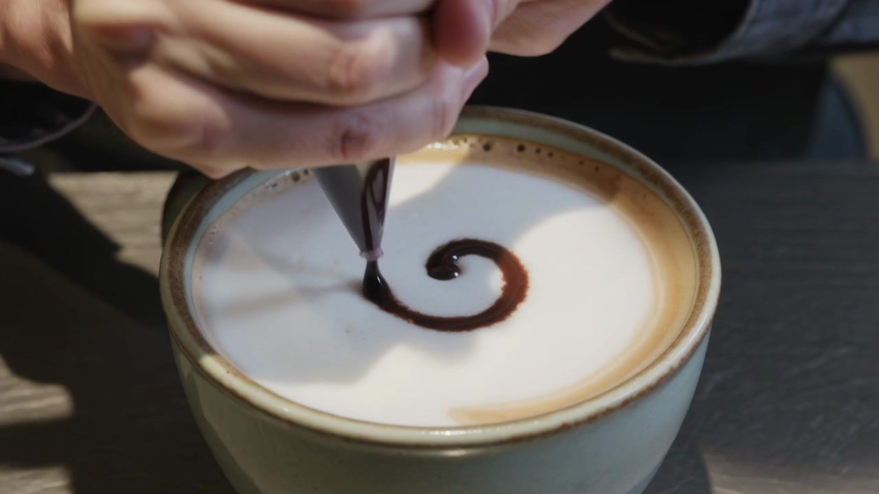 Barista con maniche scure che abbassa l'ugello, decorando la schiuma del latte con sciroppo in una tazza di ceramica al bancone.