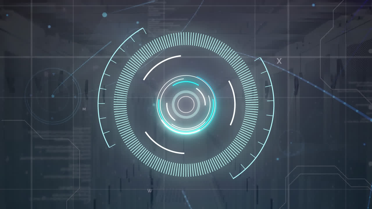 animación de círculos iluminados, lenguaje de programación, letras y líneas sobre la sala del servidor