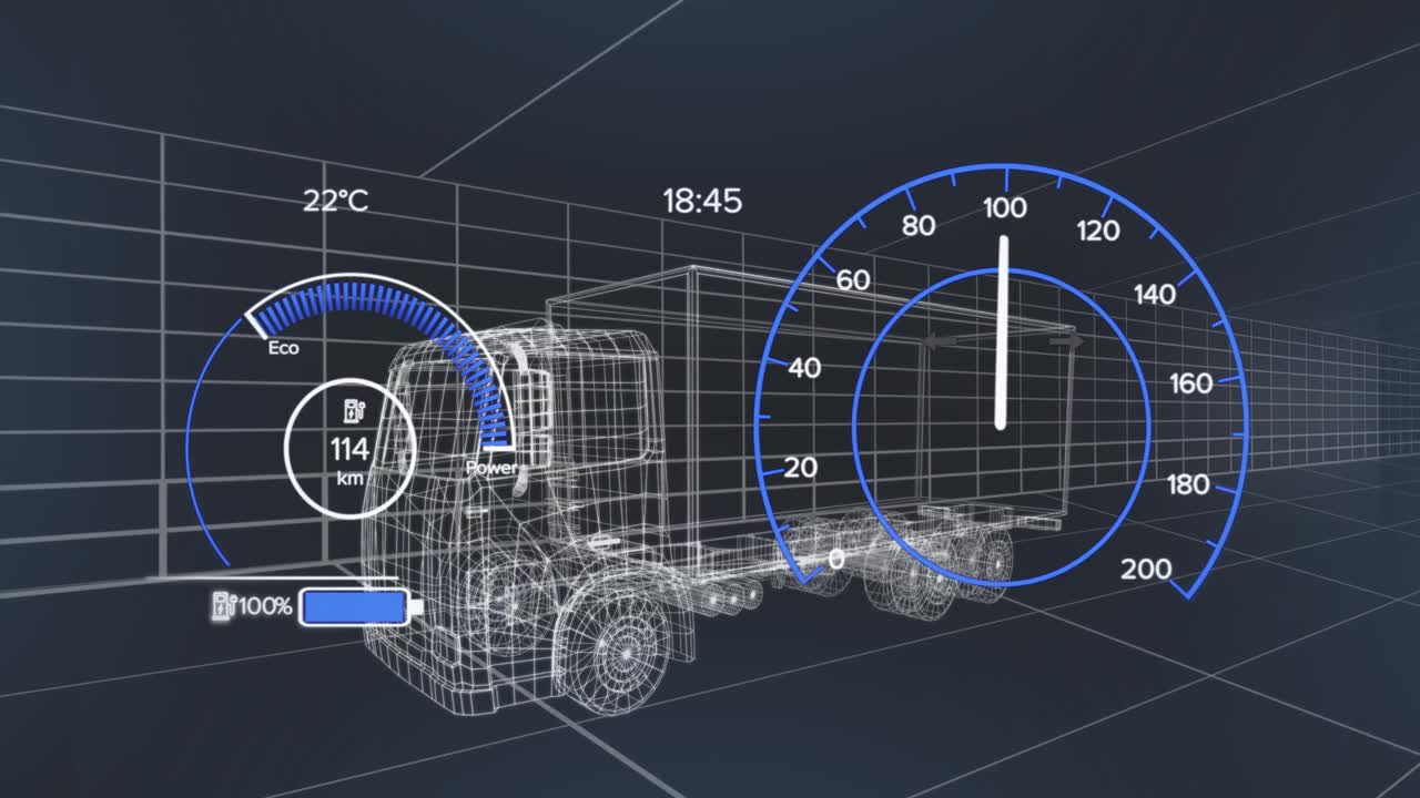 animación del velocímetro sobre el proyecto de camión eléctrico en el fondo de la marina