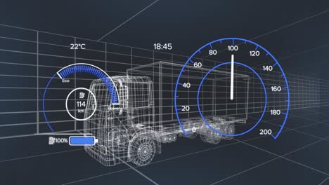 Animation-of-speedometer-over-electric-truck-project-on-navy-background