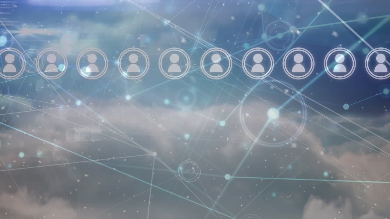 구름과 하늘 배경 위의 아이콘과 사람들과의 연결 네트워크의 애니메이션