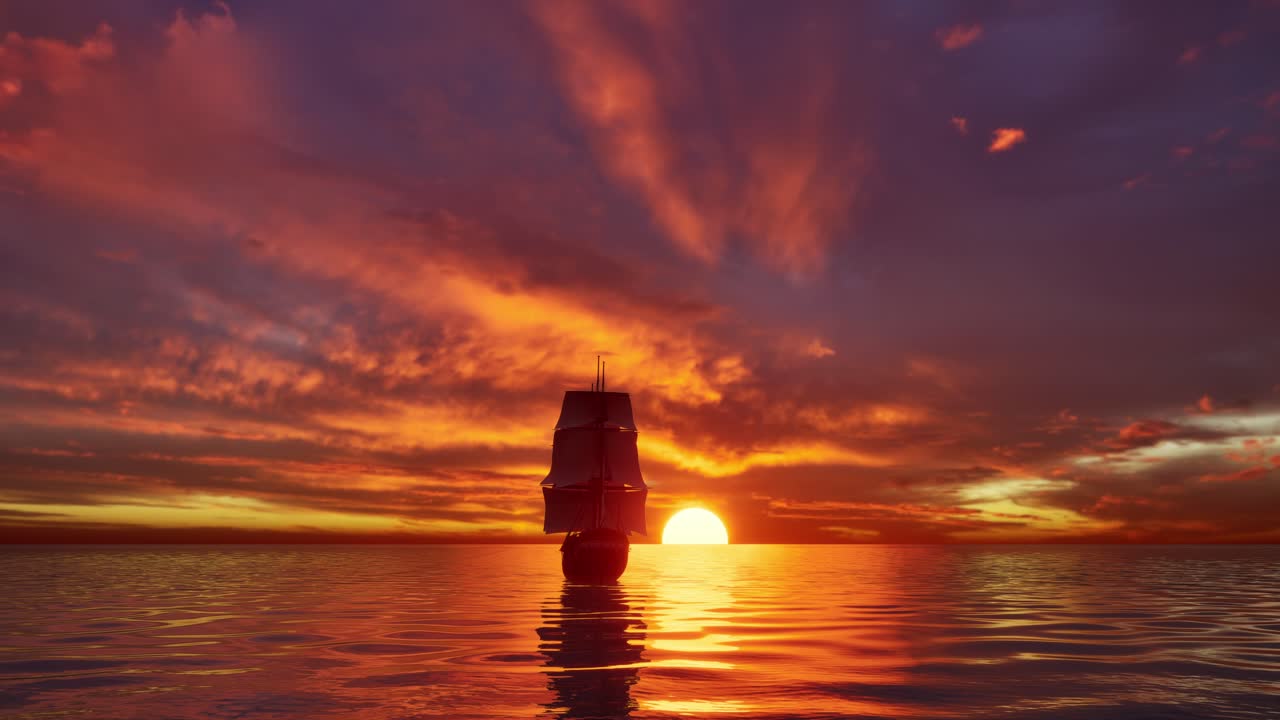 해가 지는 동안 바다에 있는 큰 중세 선박, 오래된 중세 배가 열린 바다에서 우아하게 항해한다.