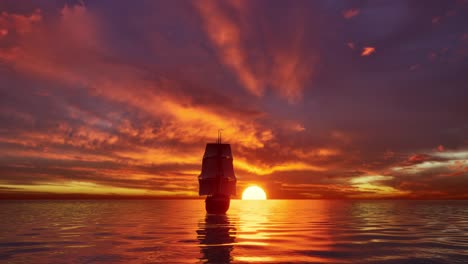 large medieval ship on the sea on a sunset. the old medieval ship gracefully sails in the open sea