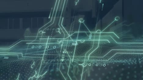 animación de conexiones de microprocesadores y ondas digitales contra edificios altos