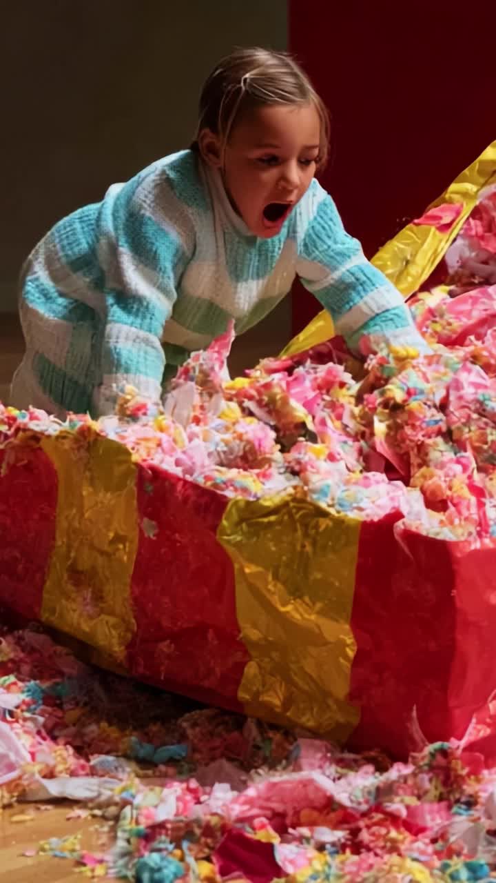 Un bambino felice che si gode con esuberanza la sorpresa festosa di un grande regalo pieno di coriandoli colorati e carta tritata, celebrando l'entusiasmo e l'emozione di scartare i regali durante un evento vivace