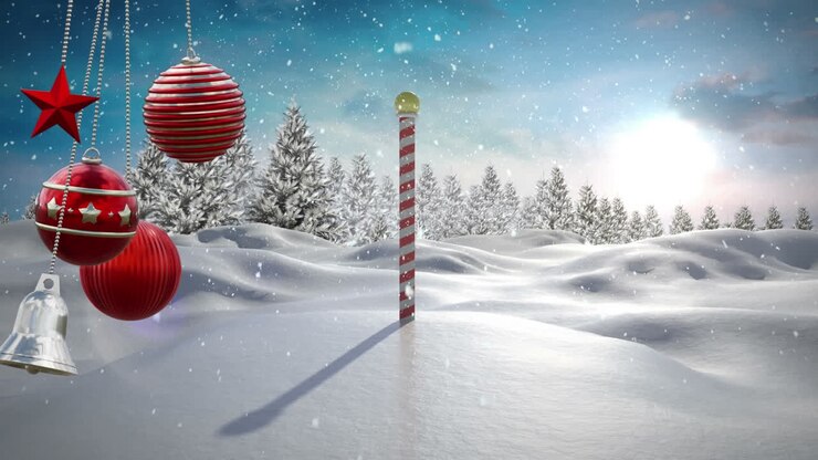 Animation of christmas baubles decorations over winter scenery background