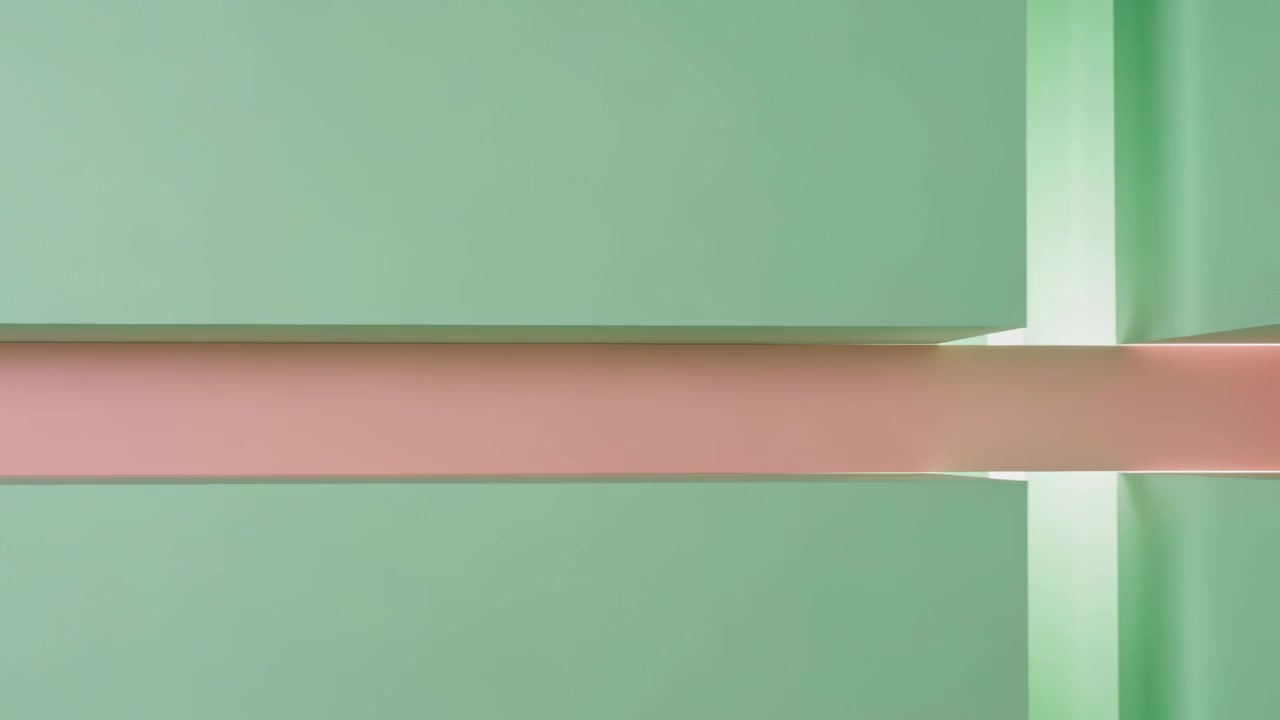 Sliding mint slabs revealing central pink bar in studio, allowing bright white light through gaps