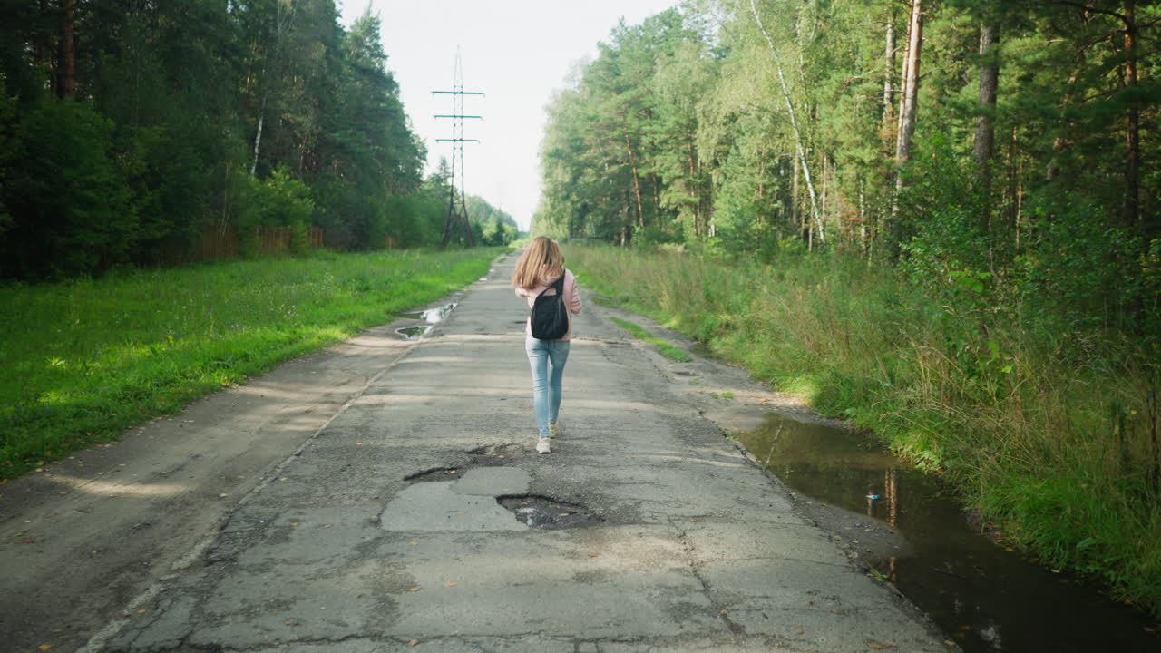 Young girl with loose hair walking thoughtfully on tarred forest road with potholes and puddles, surrounded by lush greenery and tall trees, soft daylight casting gentle shadows