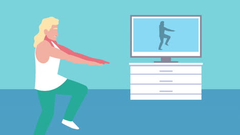 young woman practicing exercise with tv online character