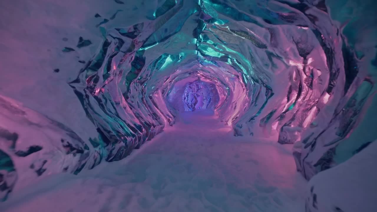 Ice cave passage illuminated with vibrant colors, showcasing the stunning textures of frozen walls and soft snow underfoot, creating a magical atmosphere of exploration