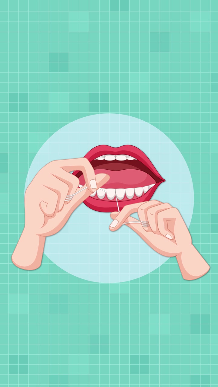 Vector animation of hands flossing teeth in open mouth, flat design on teal background.