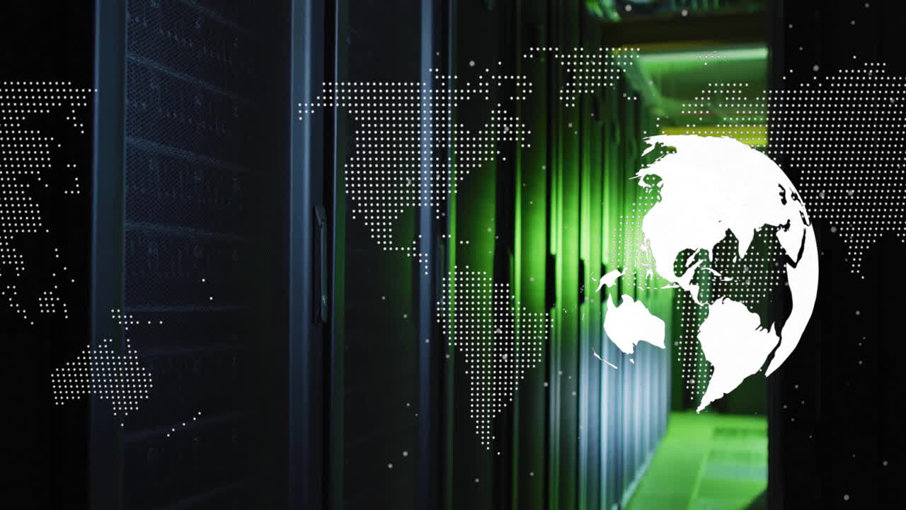 World map animation over data servers in dimly lit server room