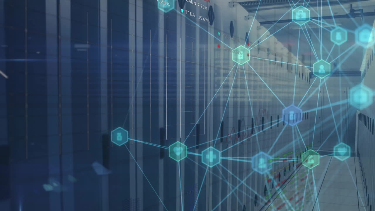Animation of globe with connections and data processing over computer servers