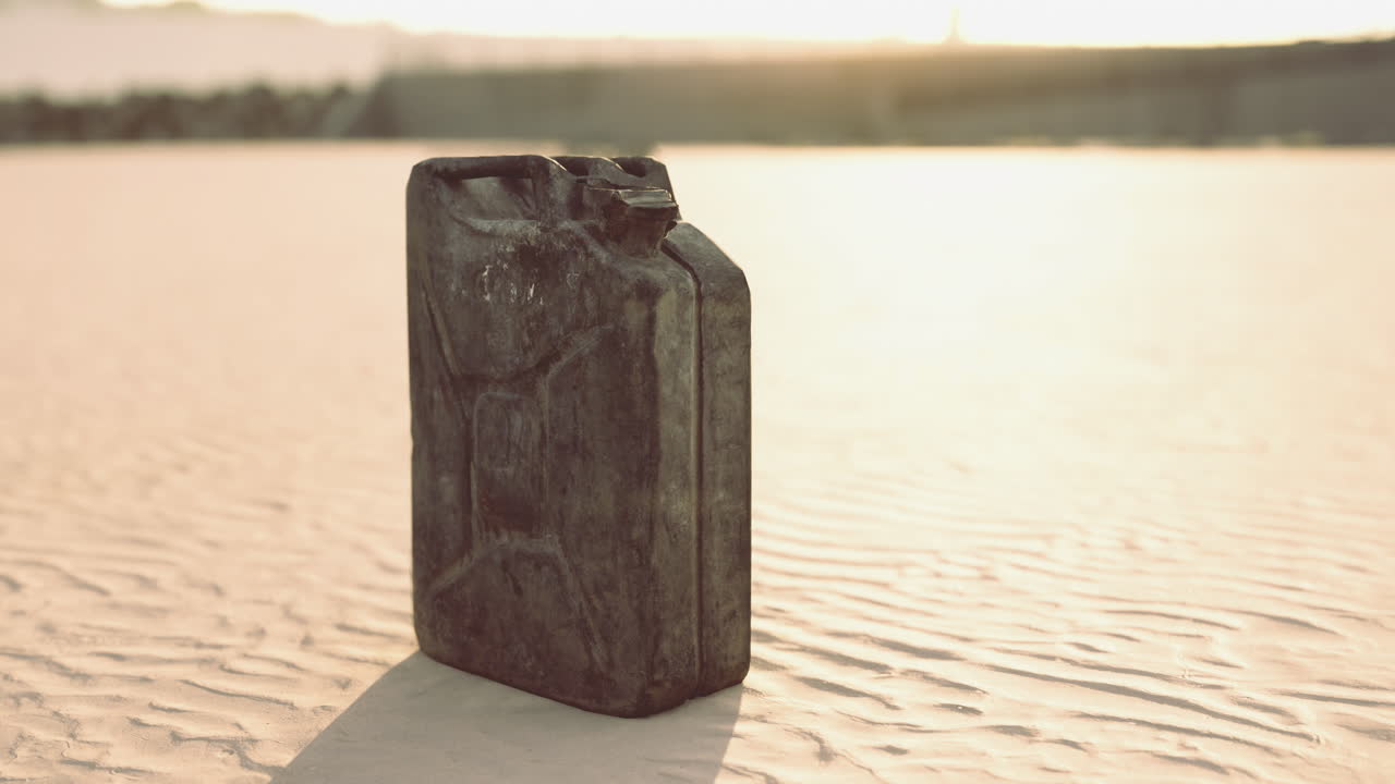 Rusty canister rests on sandy ground under bright sunlight in open area