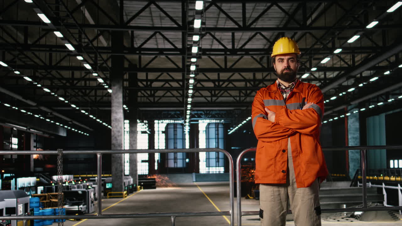 Professionista dell'ingegneria con elmetto che esamina lavorazioni metalliche in un capannone industriale.