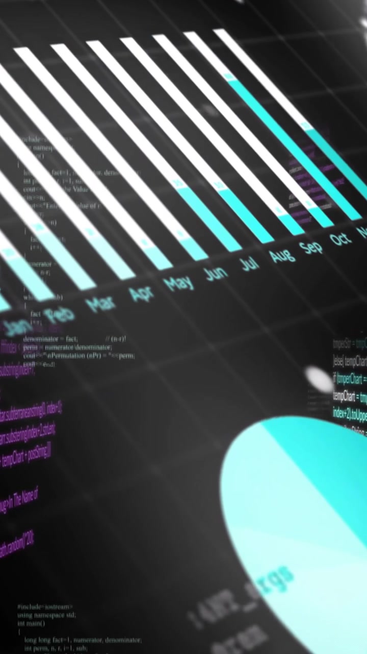 Animación de gráficos, lenguaje informático y globo terráqueo giratorio sobre fondo negro.