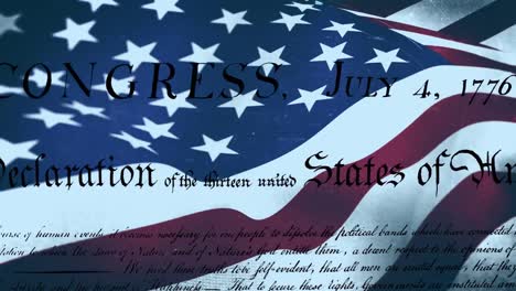 declaración escrita de la independencia de los estados unidos con una bandera