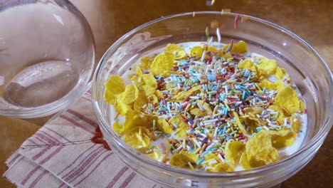 crispy yellow corn flakes into the bowl for the morning a delicious breakfast with milk. slow motion with rotation tracking shot.