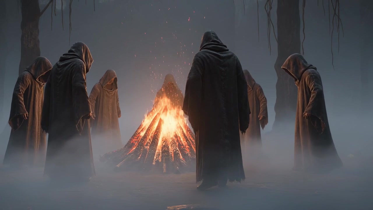Ein pulsierendes Lagerfeuer führt eine Kapuzengestalt und einen verhüllten Kreis, die sich verbeugen und im Waldnebel für eine Mahnwache gestikulieren.