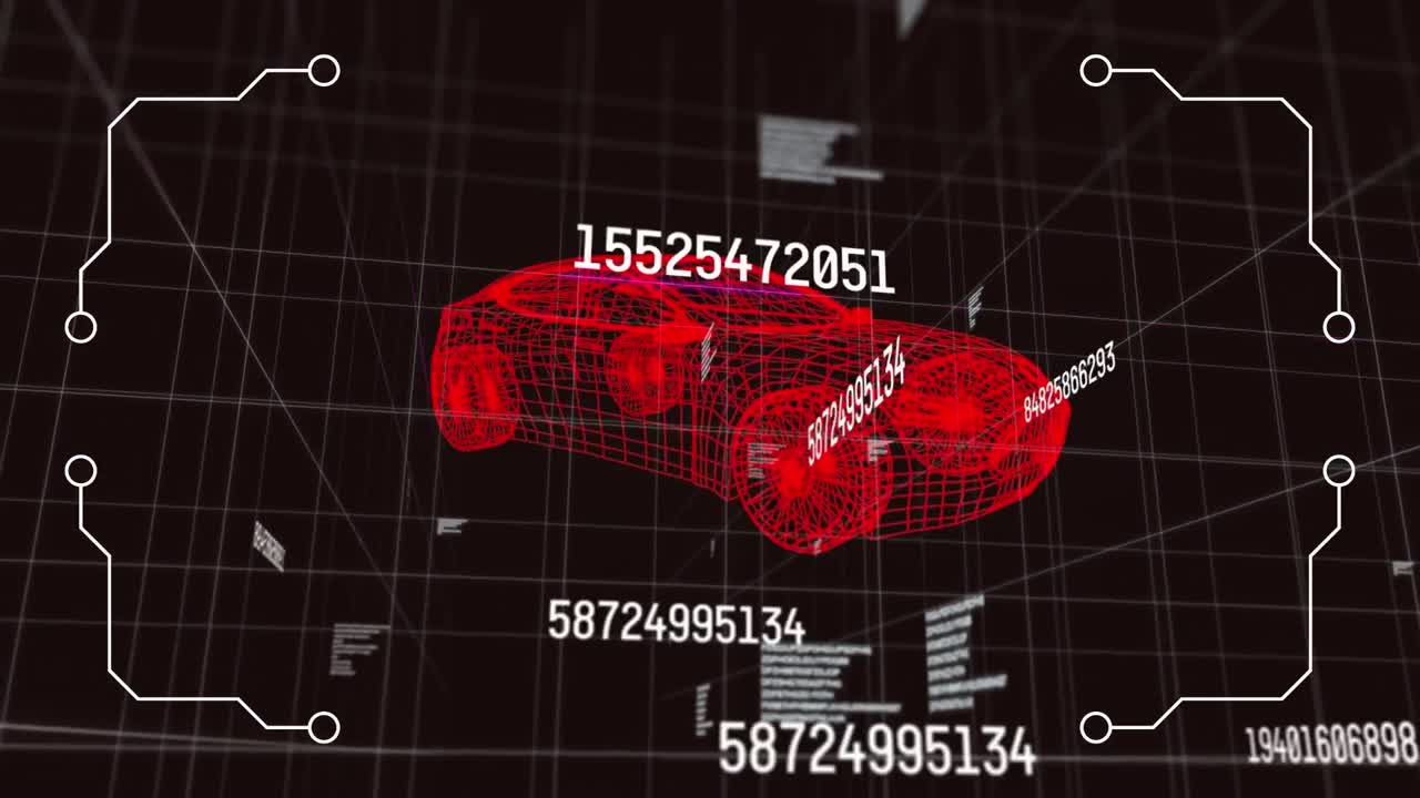 3d 자동차 모델을 통해 변하는 숫자와 보라색 빛의 트레일의 애니메이션