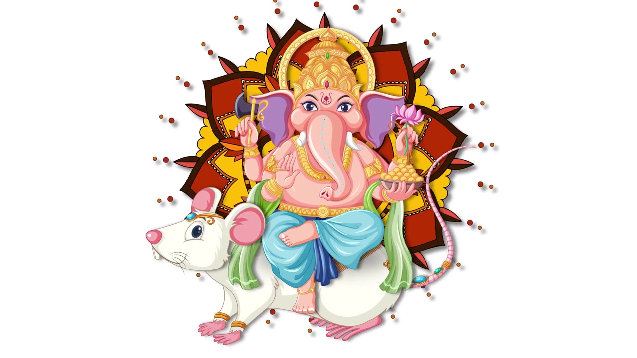 Uma ilustração colorida de Ganesha em um rato branco aparece contra um fundo branco liso
