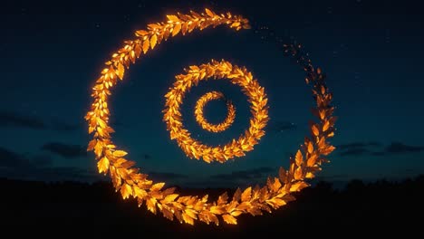 A Stunning Display of Animated Golden Laurel Wreaths Illuminating the Night Sky in Captivating Spirals, Creating a Magical and Enchanting Atmosphere